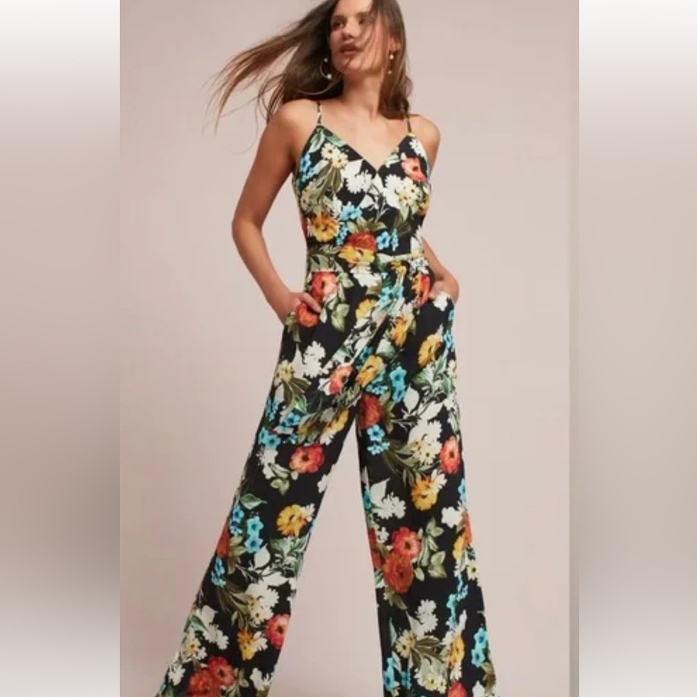 dark floral wide leg jumpsuit with spaghetti straps